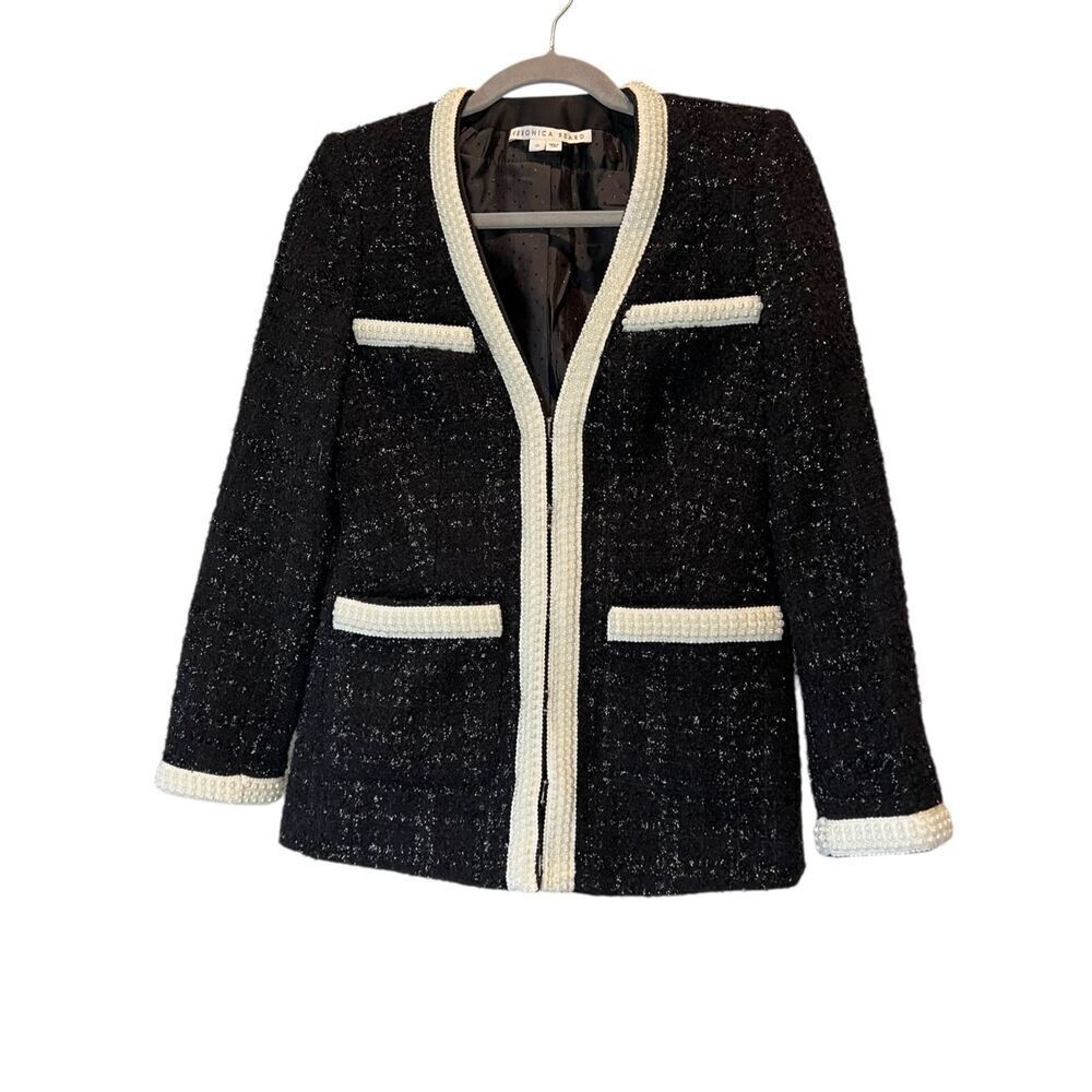 VERONICA BEARD Kemsley Pearl-Embellished Bouclé Tweed Jacket Size 00 Black